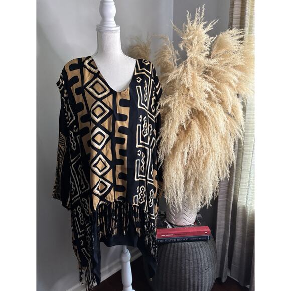 VTG Molato Black Gold Tan Lagenlook Ethnic Tribal Geometric Rayon Tunic Dress M - Picture 1 of 7